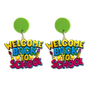 Colorful Welcome Back To School acrylic earrings with green studs and pencil patterns