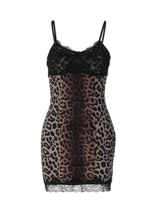 Sexy leopard print mini dress with black lace trim and spaghetti straps on white background