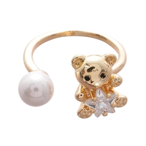 Minimalist gold star bear and pearl open ring with clear sparkling zircon crystal