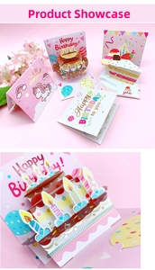 Macro detail of a 3D pop-up birthday cake card with intricate laser-cut paper layers