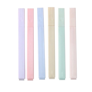 Set of 6 macaron pastel highlighters in soft colors with flat plastic body design