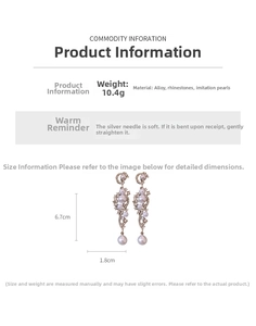 Detail view of pearl drop earrings showing dimensions of 6.7cm length and alloy material
