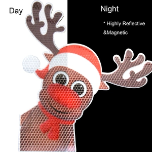 Day and night comparison of a magnetic reflective reindeer decal showing high visibility