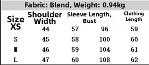 Detailed size chart for faux fur coat with shoulder, sleeve, chest and length measures