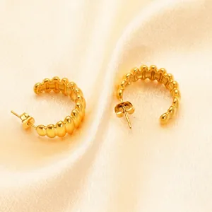 Classic gold-plated 18K titanium steel chunky hoop earrings with wavy textured design
