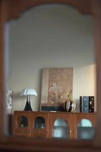 Close-up of a Chinese style acrylic bird screen on a retro wooden cabinet with glass doors
