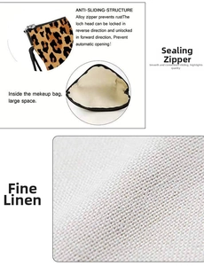 Detail of leopard print makeup bag with anti-slip alloy zipper and linen lining interior