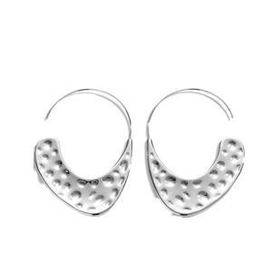Polished silver stainless steel half-hoop earrings with hammered texture on white background