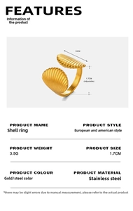 Détails de bague coquille montrant la taille réglable de 1,7 cm et le poids de 3,5 g