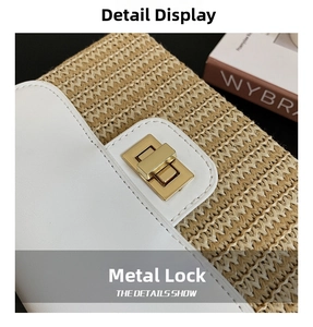 Detail of a straw box bag featuring white faux leather trim and a gold twist lock clasp