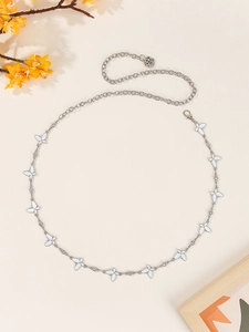 Silver metal chain belt featuring white butterfly charms and rose pendant on extension chain