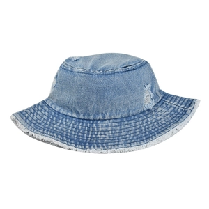 Light blue washed denim bucket hat with distressed frayed edges and retro street style