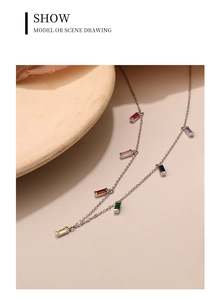 Close-up of model wearing 925 silver choker with multicolored rectangular zircon stones