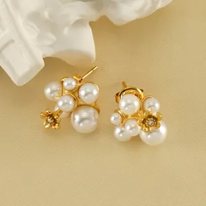 Artificial Pearl Cluster Flower Stud Earrings Stainless Steel 18K Gold Plated Zircon Retro French Elegant Jewelry For Women