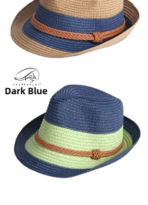 Detailed texture of two-tone woven straw hats with decorative brown braided bands