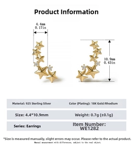 Detailed size specifications of S925 sterling silver star-shaped ear climbers with zircons