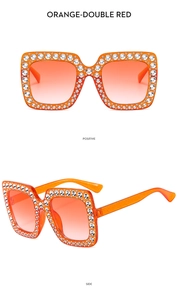 Front and side views of orange square sunglasses with glitter frame and gradient lenses