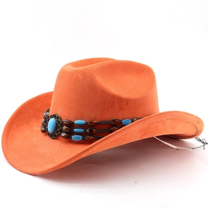 Detail of orange suede cowboy hat featuring turquoise stone and beaded ethnic hatband