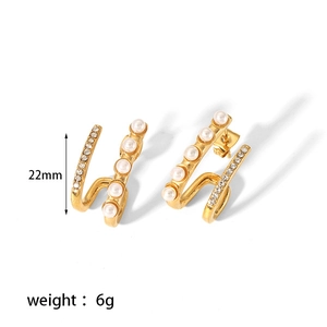 18k gold plated stainless steel double row earrings with pearls and cubic zirconia