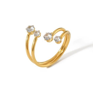 Minimalist gold plated double layer open ring with four white cubic zirconia stones