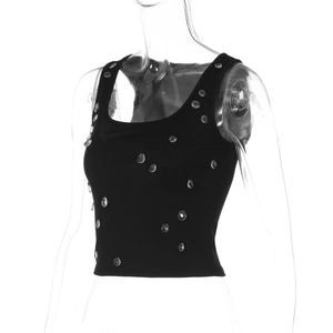 Detail of ribbed knit cropped tank top with delicate water-drop sequins in black