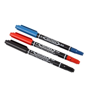 Three dual-tip permanent markers in blue, red, and black on a clean white background