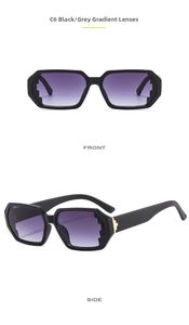 Detail view of black pixel-style frames with gradient grey lenses and gold accents