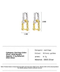 Detail of two-tone S925 silver U-shaped hoop earrings with braided rope texture