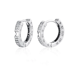 Polished S925 silver hoop earrings with roman numerals and pavé cubic zirconia diamonds
