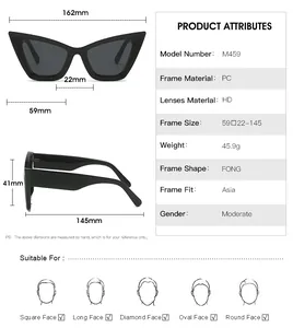 Detailed size specifications for M459 cat-eye sunglasses with PC frame and HD lenses
