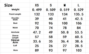 Detailed size chart for the women's double-breasted long trench coat with full measurements