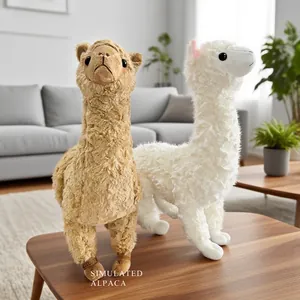 Cute fluffy alpaca plush toy set in brown and white, soft stuffed animal for home decor