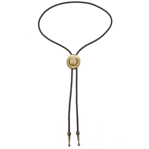 Detail of vintage cowboy hat metal slide buckle on brown braided bolo tie cord