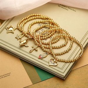 Bead Charm Bracelet Colorful Zircon Copper Gold Plated Heart Cross Whale Star Moon Rocket Pendant Women Jewelry