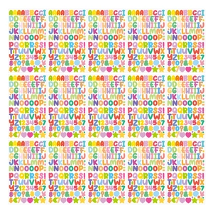 Macro detail of 0.5-inch colorful cartoon alphabet stickers for DIY craft decoration