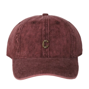 Vintage washed cotton baseball cap in burgundy with metallic letter C and distressed finish