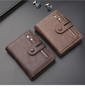 Detailed view of vintage PU leather men's short wallets in brown and dark brown