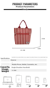 Detailed size chart for the striped canvas tote bag with specific dimensions and scale