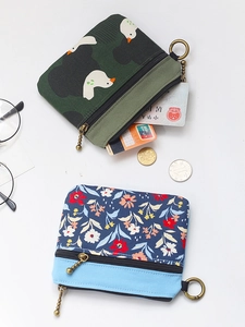 Joli porte-monnaie en toile verte à motif de canard avec double zip et anneau métallique
