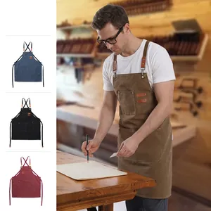 Thickened Canvas Work Apron Waterproof Gardening Coffee Barista With Leather Straps Multi Pockets Unisex Solid Color