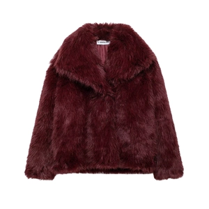 Fashionable burgundy faux fur short jacket for women featuring a plush texture and solid color