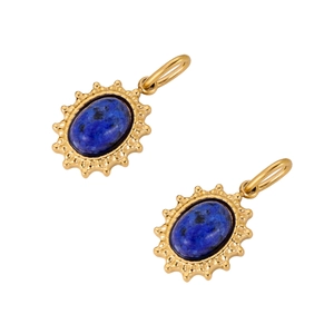 Ovaler blauer Natursteinanhänger mit goldenem Sonnenblumenrahmen aus Edelstahl