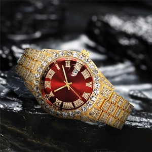 Luxurious gold-plated men's watch with red sunray dial and full diamond-set metal strap