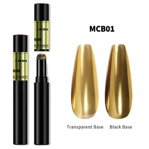 Macro view of MCB01 chrome nail powder pen showing mirror gold effect on black and clear bases