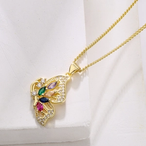 18K gold plated copper butterfly necklace with colorful zircons and rhinestones on stone