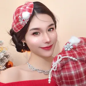 Christmas Red Plaid Mini Hat Hair Clip With Snowflake Rhinestone And White Faux Fur Ball Festive Duckbill Clip