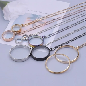 Round Floating Locket Necklace Stainless Steel Double Sided Glass Screw Open Memorial Souvenir Pendant