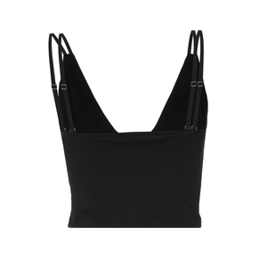 Detail of a black V-neck camisole with thin double shoulder straps and slim fit design