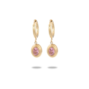 Luxurious 18K gold-plated stainless steel earrings with pink oval zircon drops