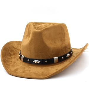 Western Cowboy Hat Suede Polyester Vintage Wide Brim With Metal Studded Belt For Men Women Outdoor Riding
